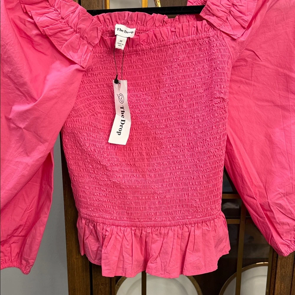 The Drop Smocked Square-Neck Ruffle Puff-Sleeve Blouse in Hot Pink - Picture 4 of 9